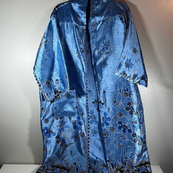 Womens Open Front Hand Made Vintage 100% Silk Flower & Swan Robe Blue Size Large